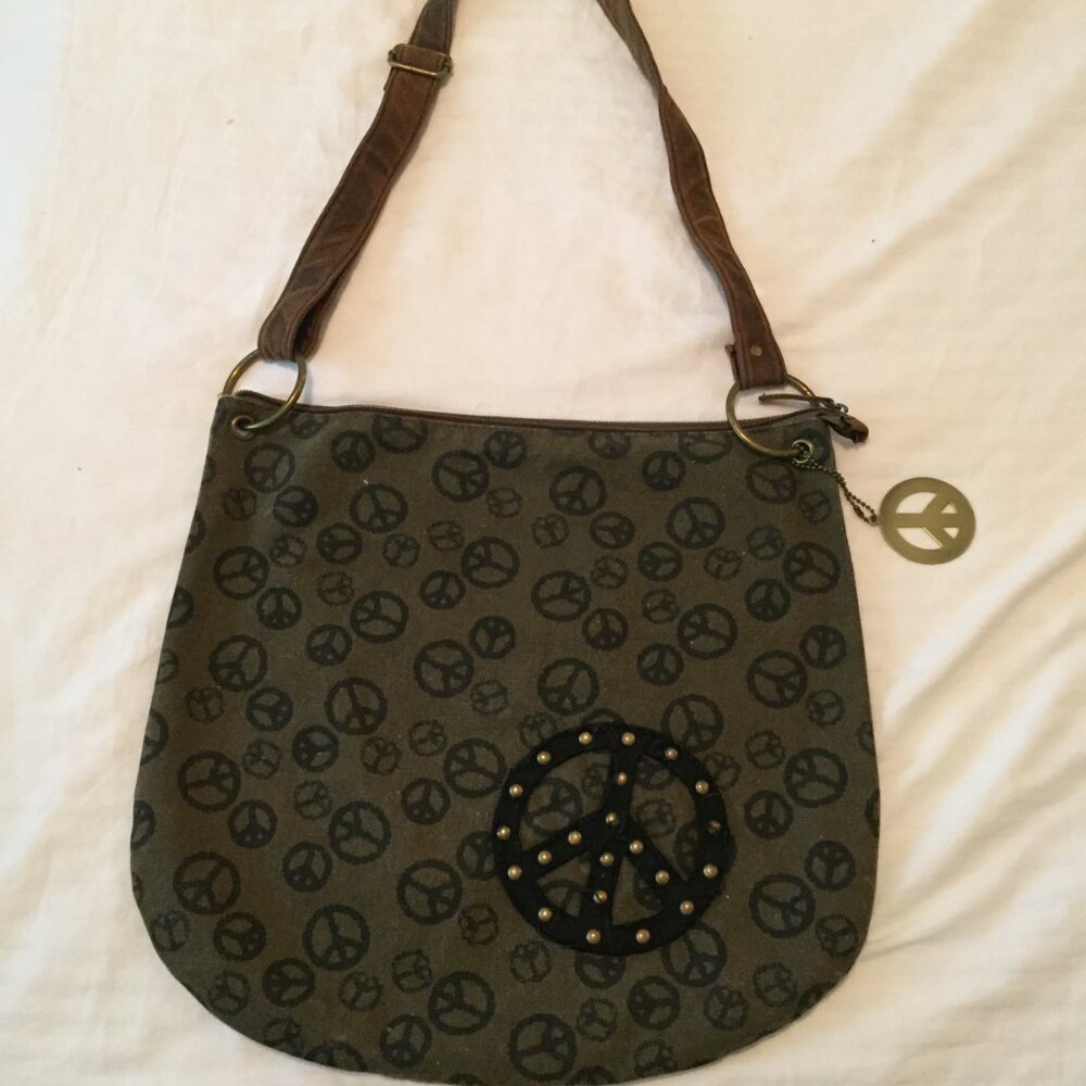Peace Sign Shoulder Bag Purse Hobo Zipped Top